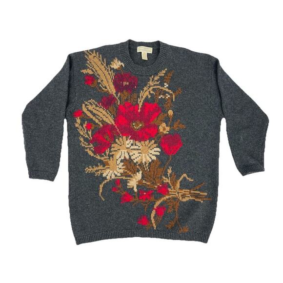 Vtg 80s 90s Oversized Embroidered Floral Sweater Fairy Cottagecore Granny Size M - Picture 2 of 9